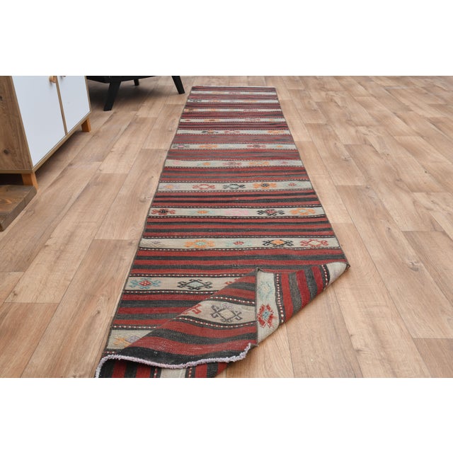 Striped Orange Turkish Vintage Kilim Oushak Handmade Woven Wool Runner Rug For Sale In San Francisco - Image 6 of 11