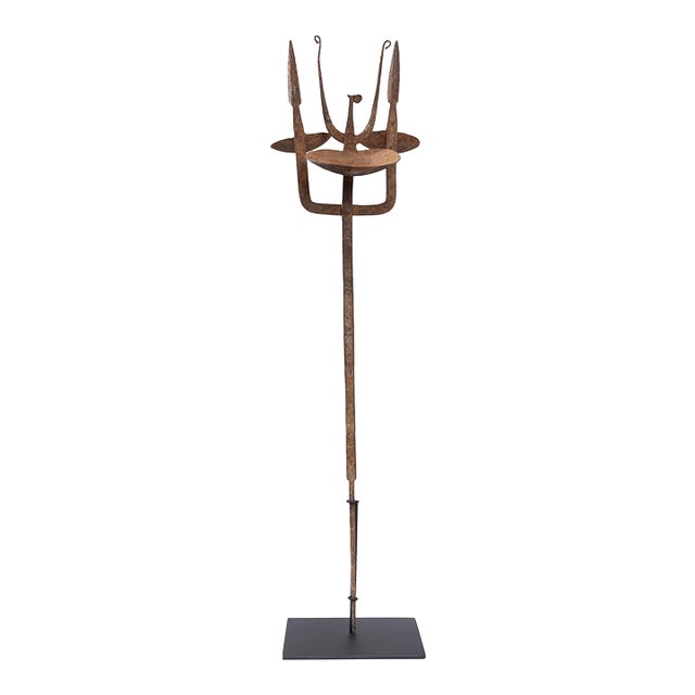 1940s Dogon/Bambara Iron Oil Lamp From Mali With Stand - 35" H X 7" W For Sale