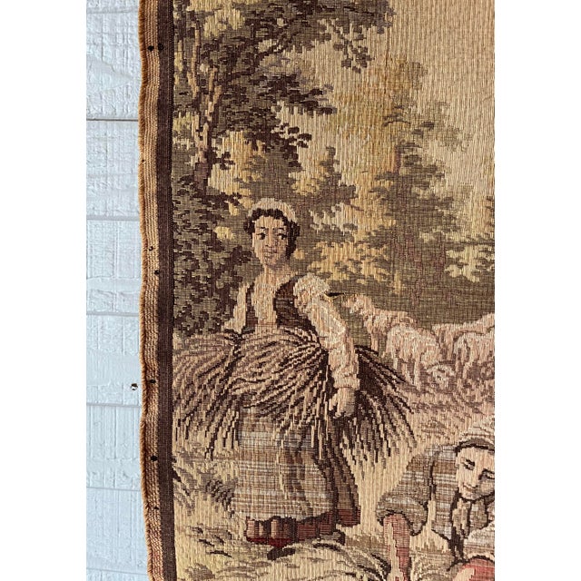 1940s Vintage French Medieval-Style Farmhouse Wheat Harvest Square Wall Tapestry For Sale - Image 5 of 12