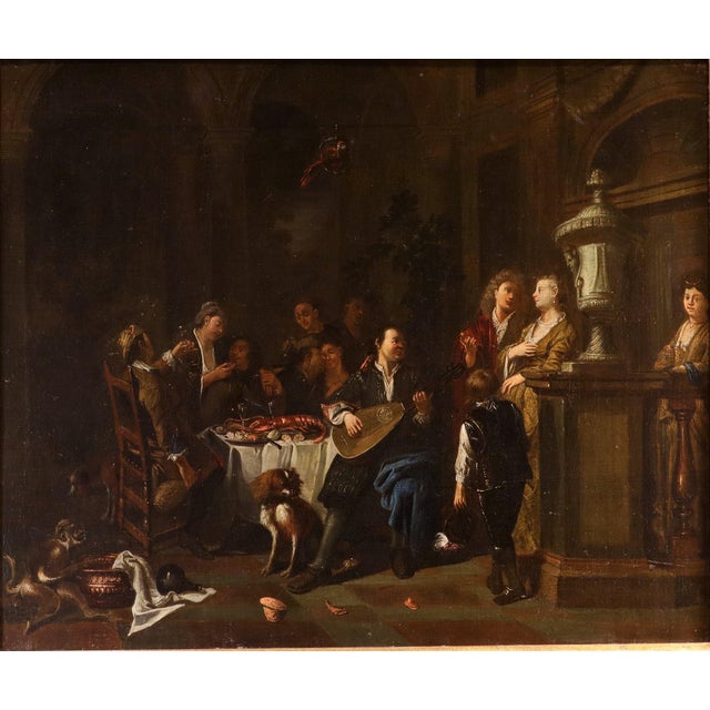 Pieter Angillis, Banquet and Brawl, 1720, Oil on Canvases, Framed, Set of 2 For Sale - Image 8 of 15