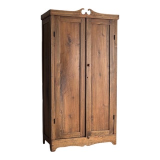 Antique Pine Cupboard Cabinet With Carved Crest For Sale