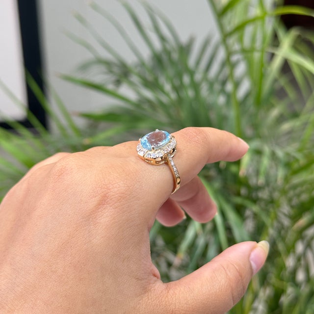 14k Gold Art Deco 3.49ct Oval Aquamarine Diamond Chic Cocktail Ring Size 6.5 For Sale - Image 9 of 18