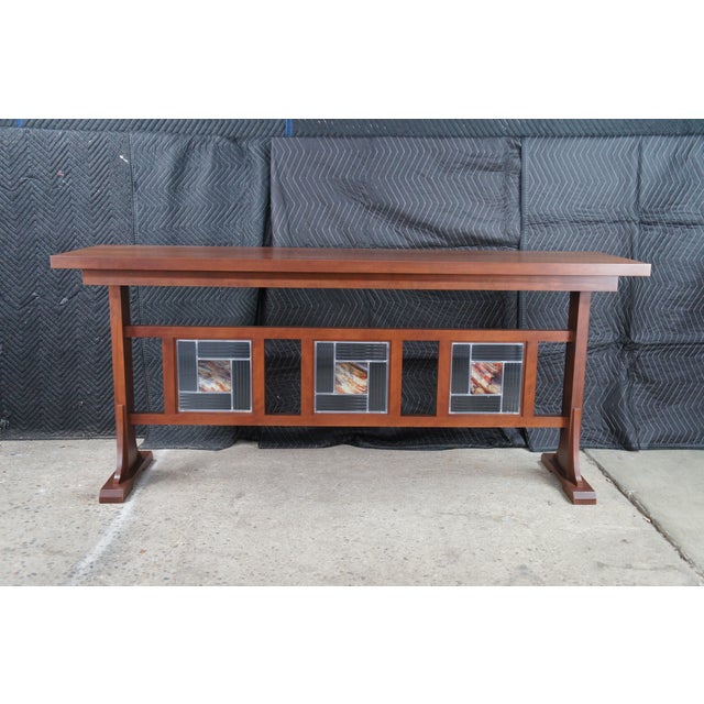 Late 20th Century Mission Arts & Crafts Leaded Stained Glass Cherry Console Hall Sofa Table 72" For Sale - Image 6 of 14