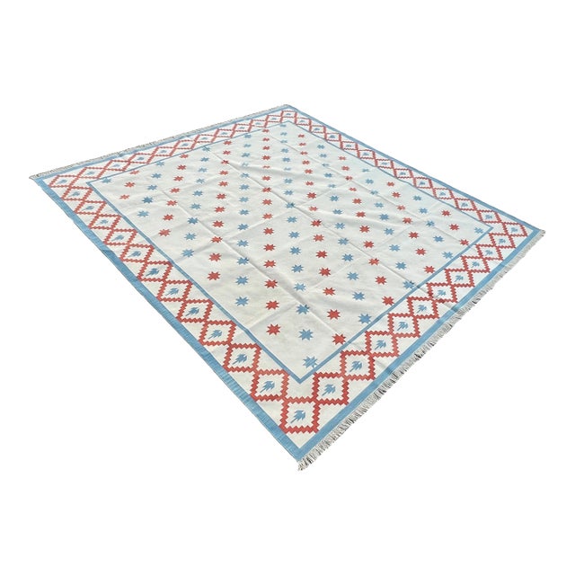Handmade Cotton Vegetable Dyed Rug, Star Geometric White, Sky Blue and Terracotta Dhurrie - 10'x14' For Sale