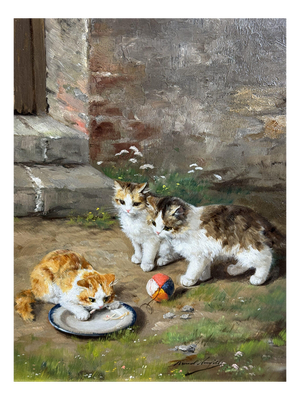 Alfred Arthur Brunel De Neuville, Playing Kittens, Oil on Panel