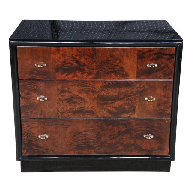 1980s Henredon Scene Three Art Deco Style Walnut Burl Black Lacquer Chest of Drawers For Sale