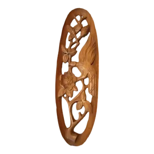 1970s Carved Wood Humming Bird & Floral Oval Wall Decor