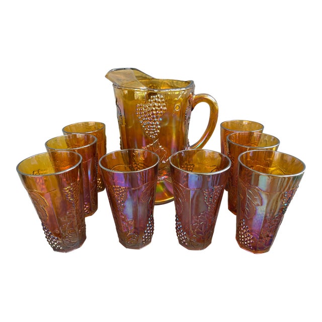 1970s Indiana Vintage Marigold Carnival Glass “Harvest Grape” Pitcher & 8 Tumbler Set For Sale