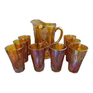1970s Indiana Vintage Marigold Carnival Glass “Harvest Grape” Pitcher & 8 Tumbler Set