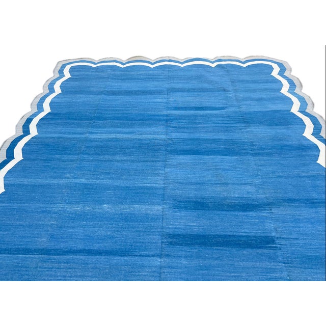 Textile Not Yet Made - Made To Order Handmade Cotton Reversible 4 Sided Scalloped Edge Rug Blue With Cream and Grey Border - 9'x12' For Sale - Image 7 of 11