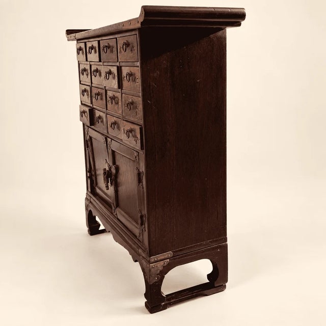 Vintage Korean Elm Medicine Chest, 16 Carved Drawers, Brass Fish Lock For Sale - Image 10 of 10
