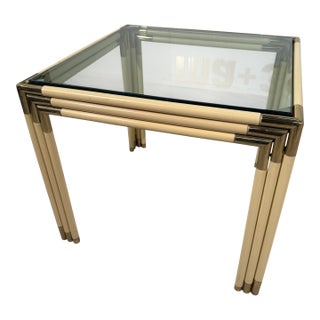 Square Side Table With Brass, Lacquered Bamboo-Style Frame & Glass Top, 1970s For Sale