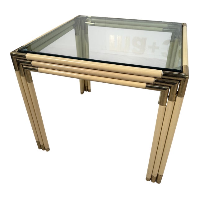 Square Side Table With Brass, Lacquered Bamboo-Style Frame & Glass Top, 1970s For Sale