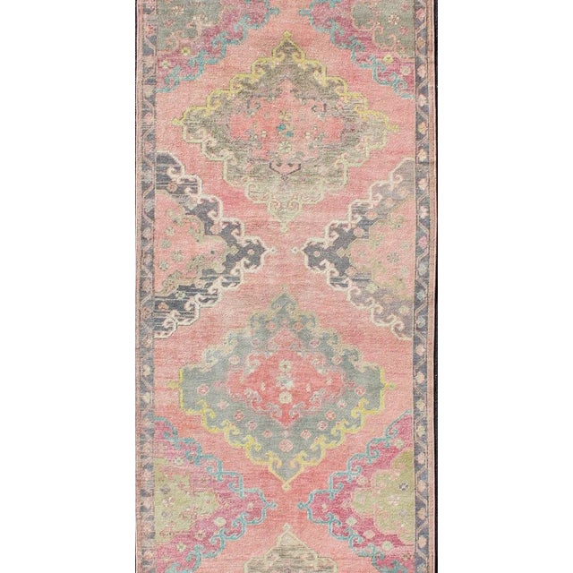 Colorful Vintage Hand Knotted Turkish Oushak Runner in Muted Tones For Sale - Image 4 of 13
