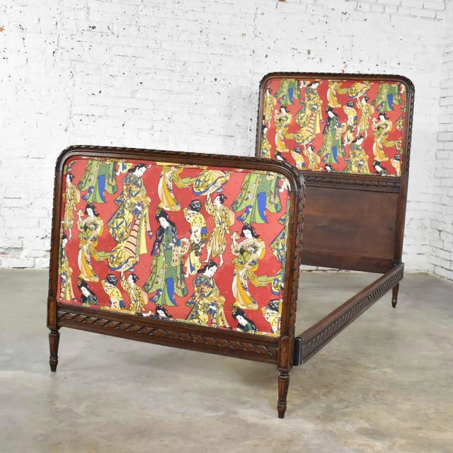 Antique French Carved Walnut and Upholstered Twin Bed With Asian Figural Fabric For Sale - Image 4 of 12