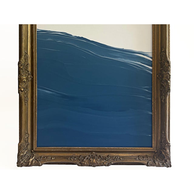 Blue "Waves" Abstract Painting in Antique Frame, Large Seascape Ocean Painting Transitional Wall Art by JTS For Sale - Image 8 of 12