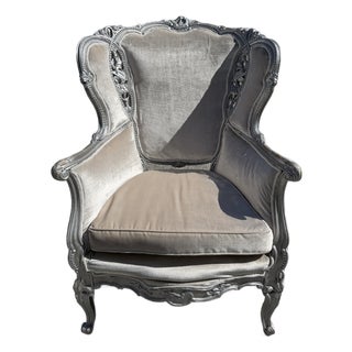Vintage Painted Silver Leaf Upholstered Wingback Chair For Sale