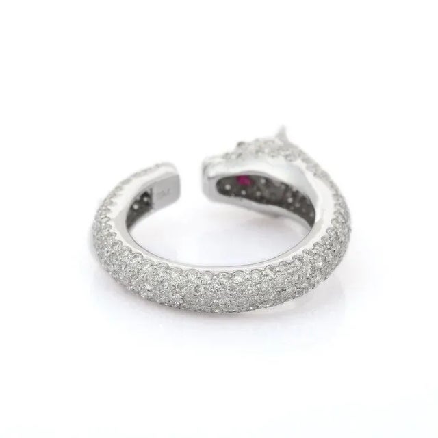 White Cluster Diamond Panther Ring With Ruby Gemstone Eyes in 18k Solid White Gold For Sale - Image 8 of 16