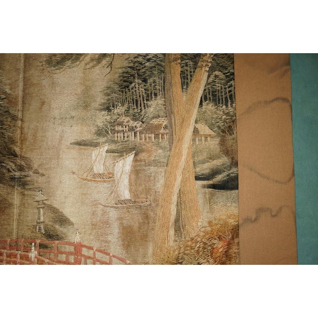 Gold Antique Japanese Meiji Hand-Embroidered Silk Tapestry, 1880 For Sale - Image 8 of 15