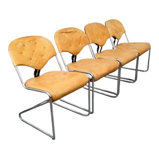 1960s Mid Century Danish Modern Dining Chairs Set 5 Tan Leather Attributed to Sam Larsson Dux Metal For Sale