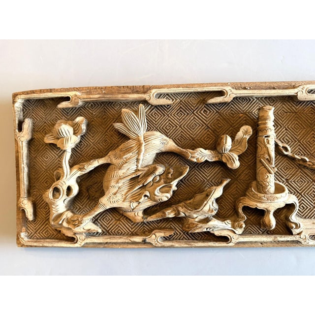 18th Century Antique Chinese Carved Wood Panel of Two Mythyical Creatures For Sale - Image 5 of 15