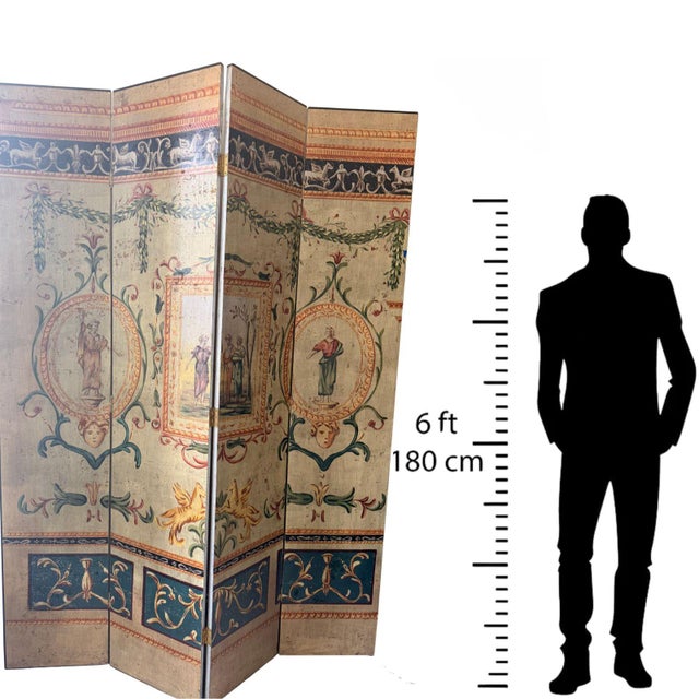 Wood Late 20th Century Hand-Painted Neoclassical 4-Panel Folding Screen – 7 Ft For Sale - Image 7 of 9