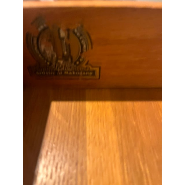 American made by Colonial House, Carlton Style writing desk. Mahogany wood with satinwood. High curved back and brass....