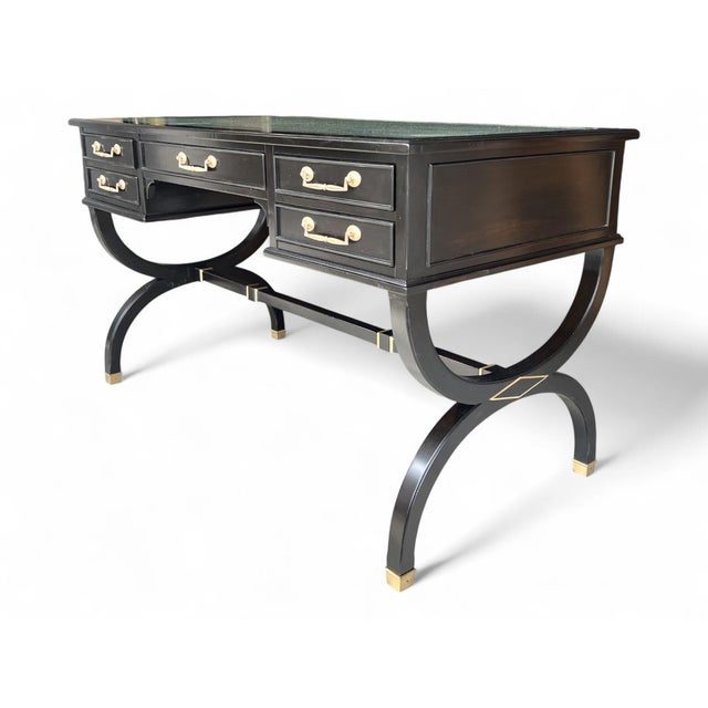 Vintage Hollywood Regency Style Ebonized Desk With Green Leather Top and Brass Details For Sale - Image 9 of 15