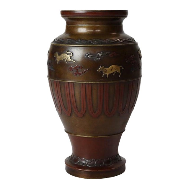 Japanese Meiji Period Mixed Metal & Bronze Vase With Figural Elements C1910 For Sale