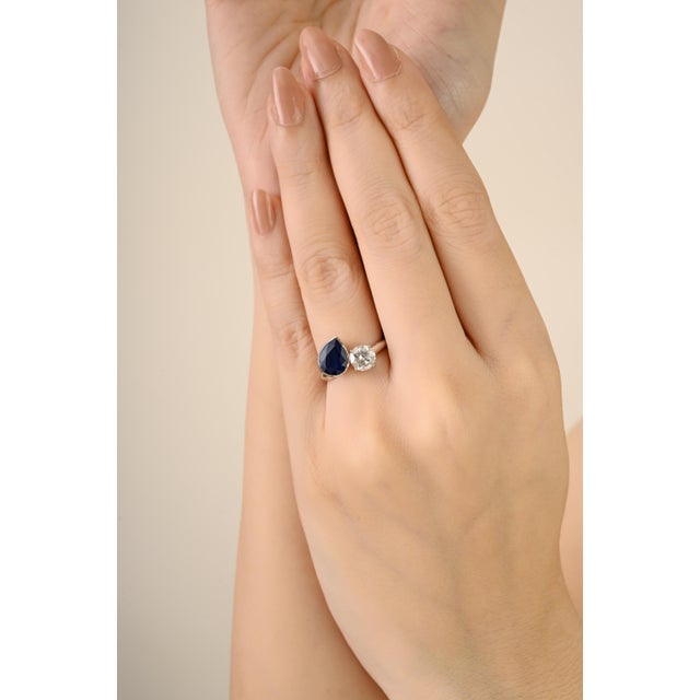 18k Certified 2 Carat Sapphire Pear Cut Toi Et Moi Gold Diamond Ring Size 6.5 For Sale - Image 9 of 13