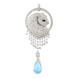 5.1ct Diamond Panther Pendant in 14k White Gold With 16.67ct Blue Topaz For Sale