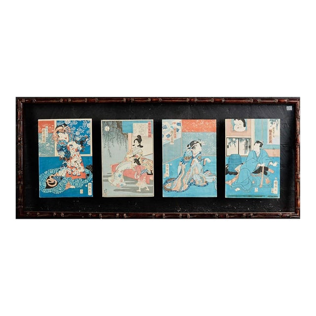 Vintage Faux Bamboo Framed Japanese Prints For Sale