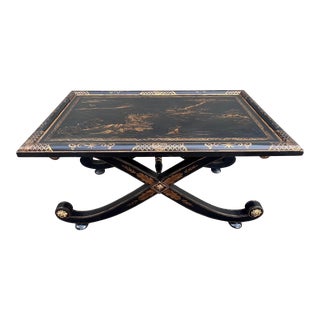 Tea Height Black and Gold Chinoiserie Cocktail Table X Base. For Sale