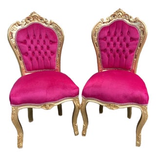Late 20c Louis XVI Gold Beech Red Fuchsia Velvet Dining Chairs-Pair For Sale