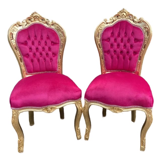 Late 20c Louis XVI Gold Beech Red Fuchsia Velvet Dining Chairs-Pair For Sale