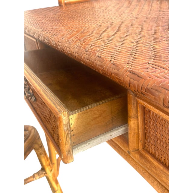 1950s MCM Natural Rattan Bamboo Writing Desk Table & Chair Set For Sale In Philadelphia - Image 6 of 7