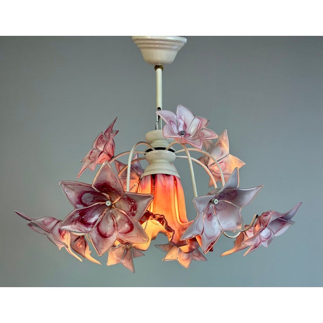 1980s Murano Style Pink Glass Floral Chandelier With White Frame For Sale - Image 6 of 11