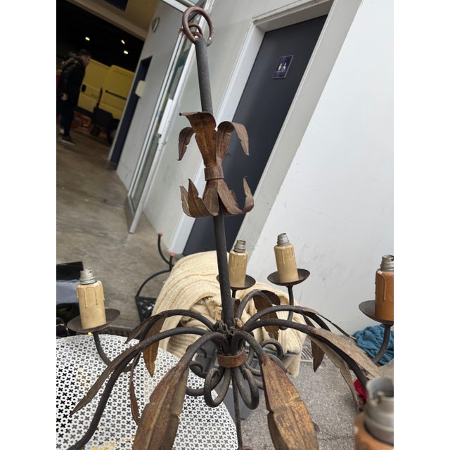 French wrought iron and brass chandelier. Newly rewired 30”dia x 32”h 50-120