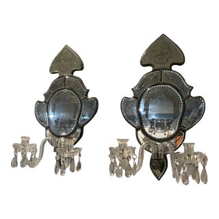 Late 19th Century Antique Venetian Two Arm Silver Mirrored Candle Sconces With Etching - Set of 2 For Sale