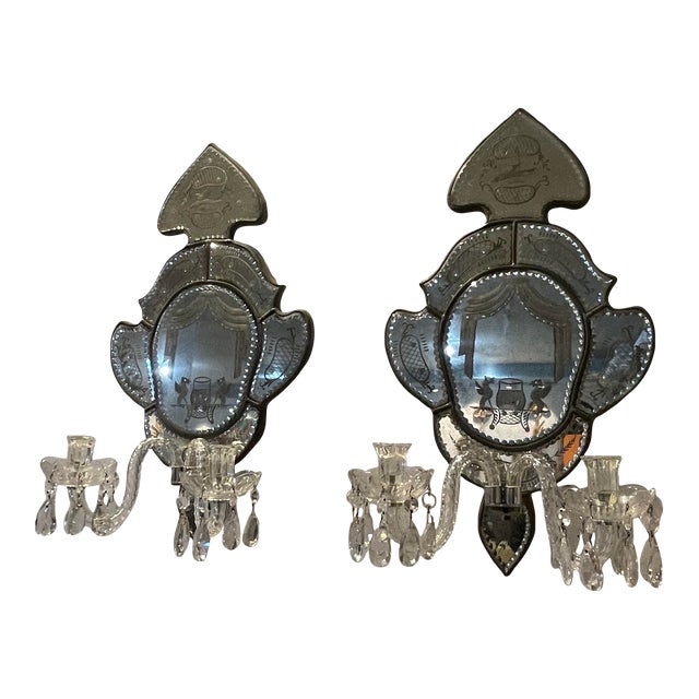 Late 19th Century Antique Venetian Two Arm Silver Mirrored Candle Sconces With Etching - Set of 2 For Sale