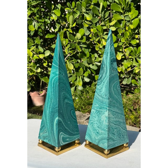 Postmodern Vintage Faux Malachite Obelisk Sculptures With Brass Bases, Pair For Sale - Image 3 of 12