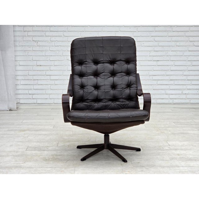 Wood Scandinavian Swivel Armchair in Patchwork Leather, 1970s For Sale - Image 7 of 18