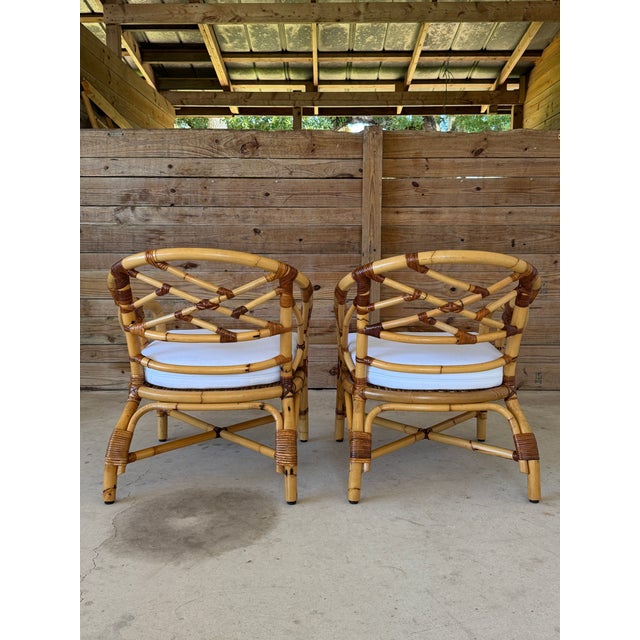 Mid-Century Rattan Barrel Lounge Chairs With New Sunbrella Cushions-Pair For Sale - Image 4 of 12