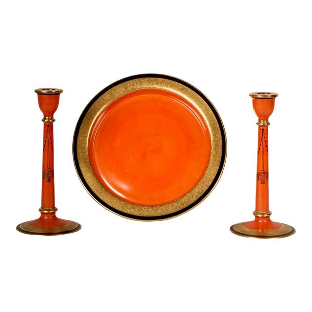 1940s Glass Charger and Matching Candlesticks With 24k Gold Details - 3 Piece Set For Sale