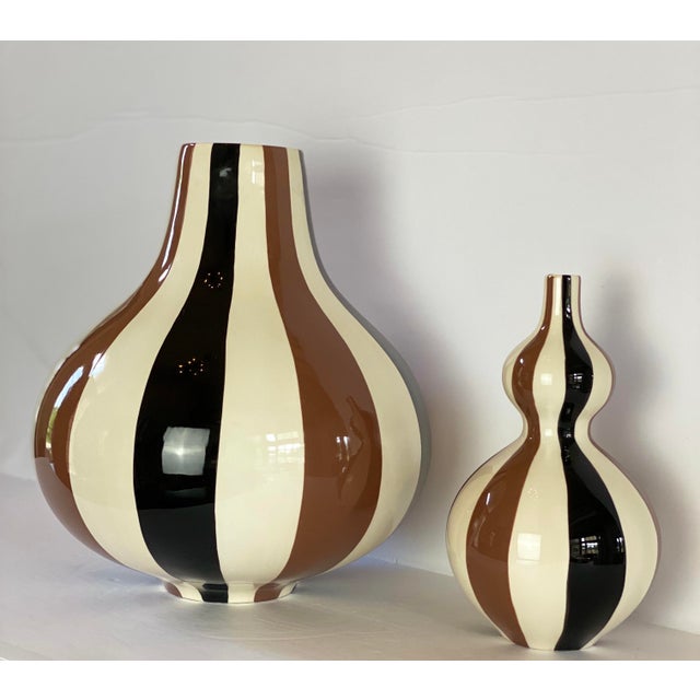 Jonathan Adler Modernist Contemporary White Black & Brown Striped Vases