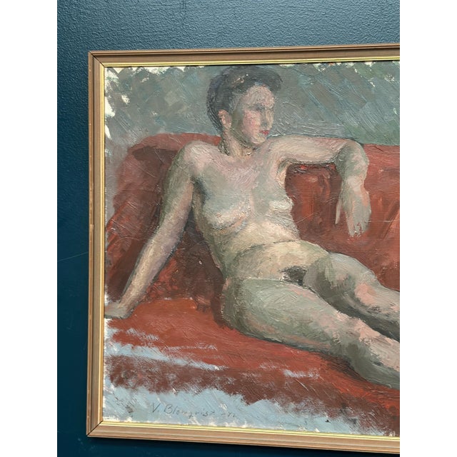 Vilhelm Blomquist, Reclining Lady on Red Couch, 1960s, Oil on Panel, Framed For Sale - Image 9 of 18