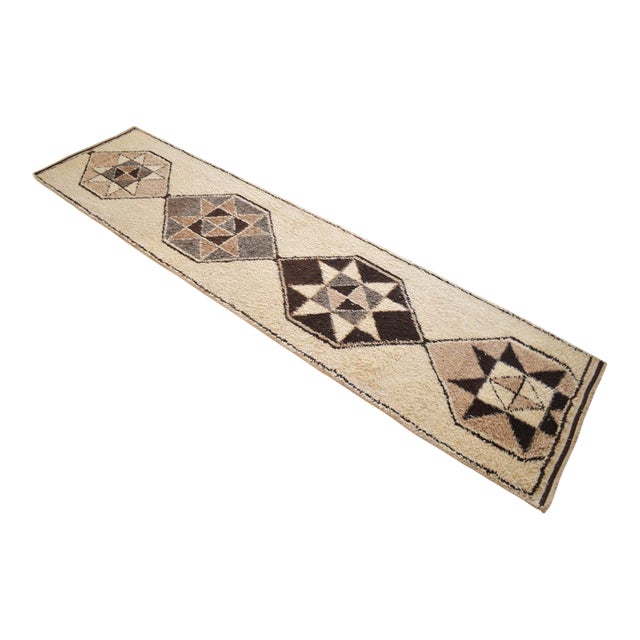 Hand-Knotted Kurdish Runner Rug . Boucherouite Style Wide Runner Rug Herki - No Dyes - 3′3″ × 12′8″ For Sale