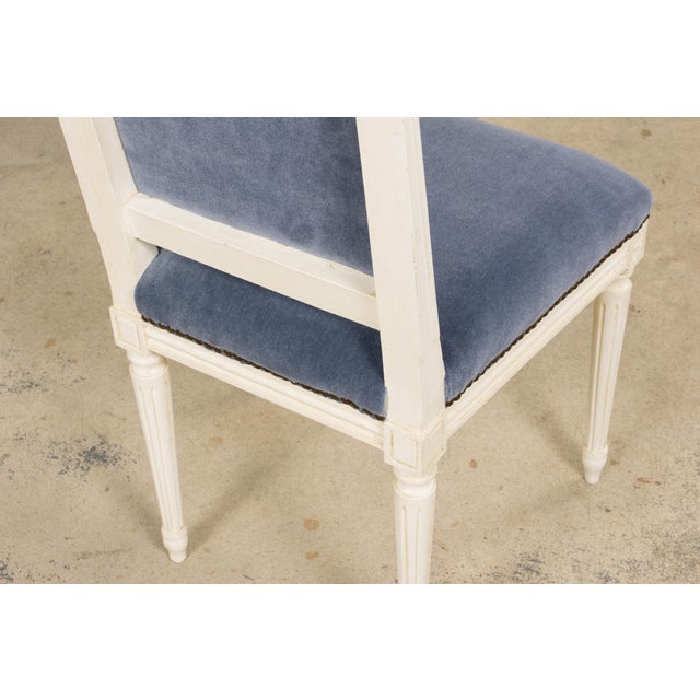 Antique French Louis XVI Style Painted Side Chairs W/ Blue Mohair – A Pair For Sale - Image 13 of 18