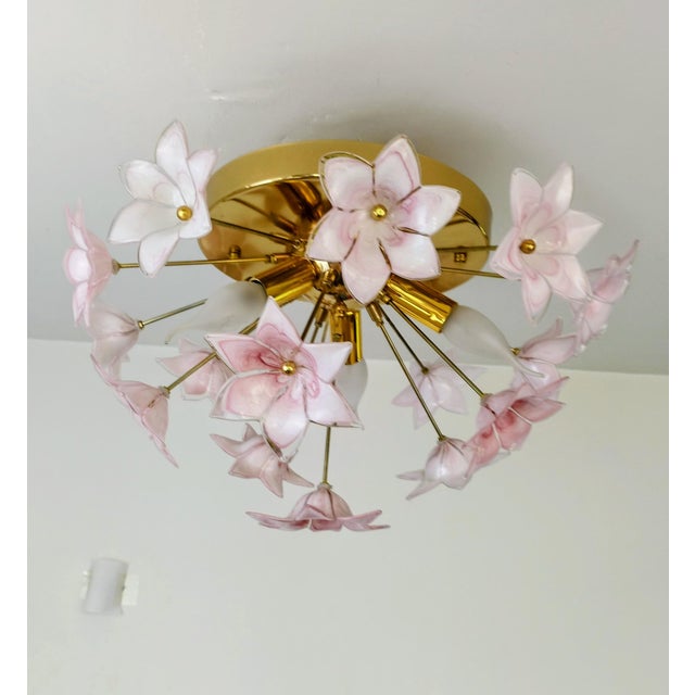 Murano Style Flush Mount Pink Flower Ceiling Light Glass Chandelier For Sale - Image 9 of 13