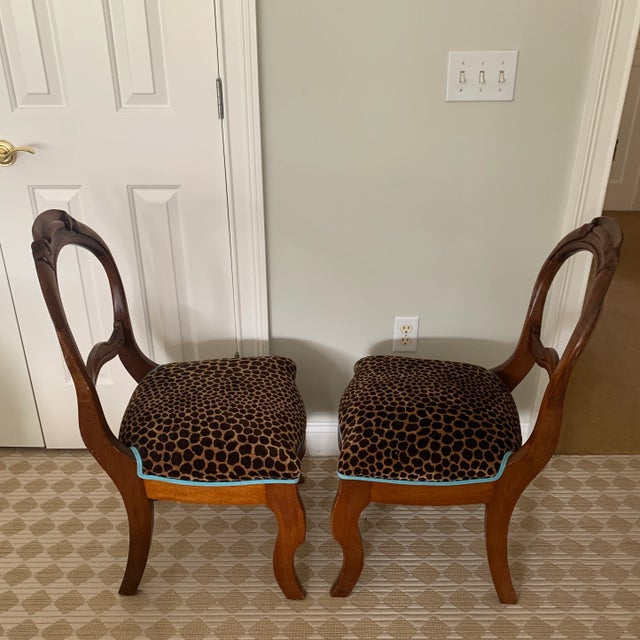 Wood Antique Handcarved Side Chairs With Leaf Design and Leopard Upholstery and Turquoise Welting - a Pair For Sale - Image 7 of 10